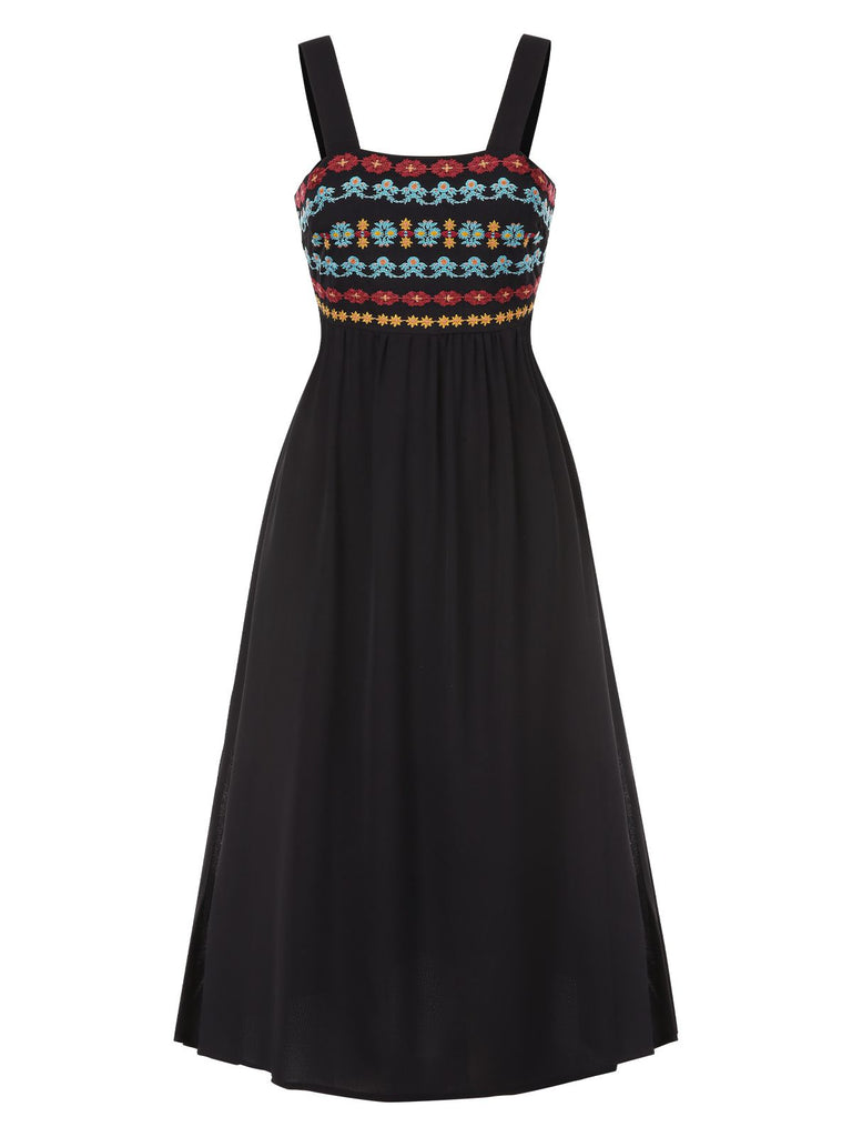 Schwarz 1940er Träger Bestickt Blumen Maxi Kleid