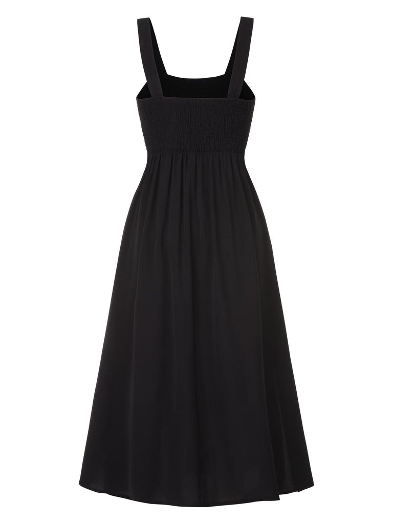 Schwarz 1940er Träger Bestickt Blumen Maxi Kleid