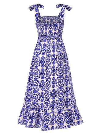 Blau 1970er Bohemien Träger Ärmellos Kleid
