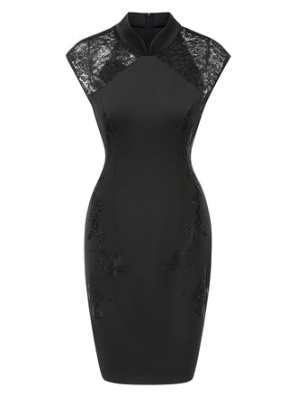 Schwarz 1960er Stehkragen Besticktes Blumen Bleistift Kleid