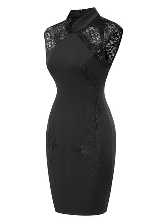 Schwarz 1960er Stehkragen Besticktes Blumen Bleistift Kleid