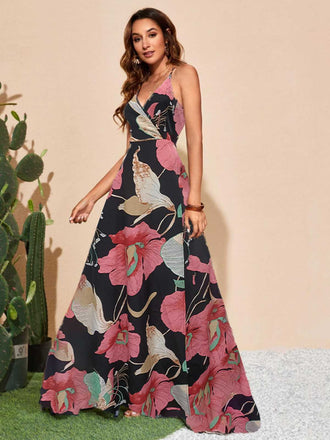 1970er Spaghetti Träger V-Ausschnitt Blumen Boho Kleid