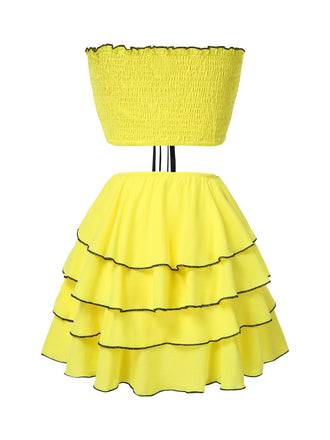 2PCS Gelb 1950er Bogen Gesmokt Tube Top & Mehrschichtig Rock