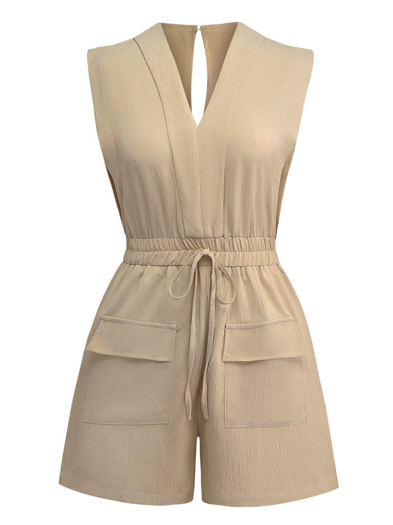 Khaki 1930er V-Ausschnitt Tasche Solide Romper