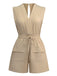 Khaki 1930er V-Ausschnitt Tasche Solide Romper