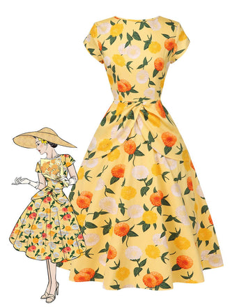 Gelb 1950er Hortensie Blumen Gerüschtes Kleid