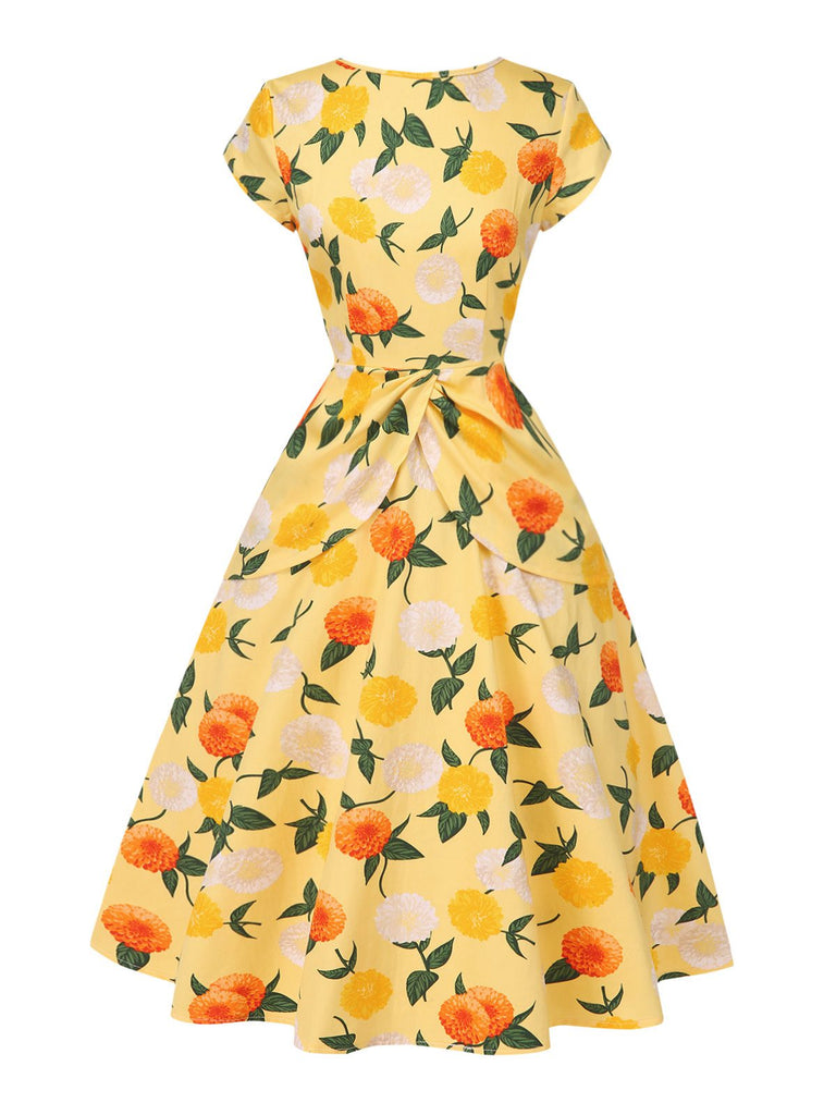 [Vorverkauf] Gelb 1950er Hortensie Blumen Gerüschtes Kleid