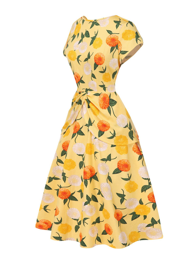[Vorverkauf] Gelb 1950er Hortensie Blumen Gerüschtes Kleid