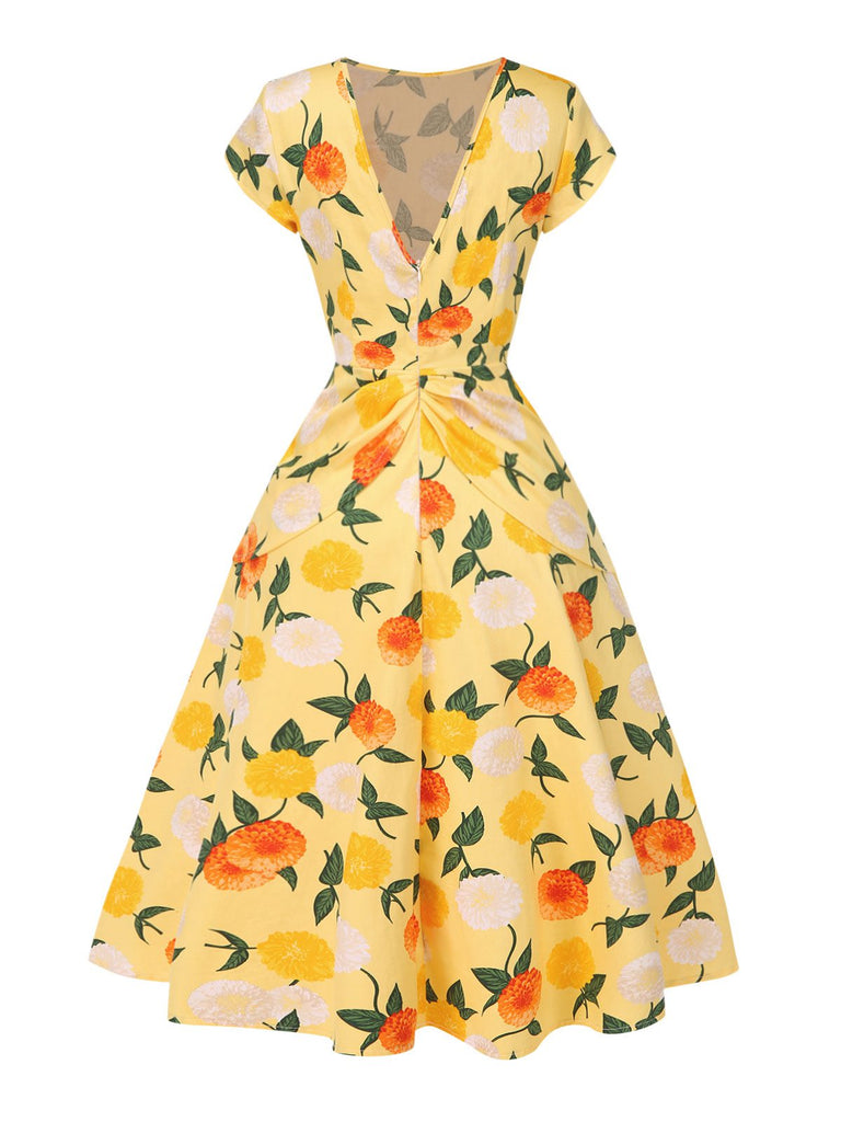 [Vorverkauf] Gelb 1950er Hortensie Blumen Gerüschtes Kleid