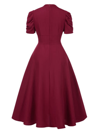 1950er Solide Empire-Taille V-Ausschnitt Puffärmel Kleid