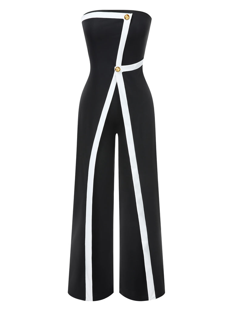 Schwarz 1960er Trägerlos Kontrast Wickel Jumpsuit