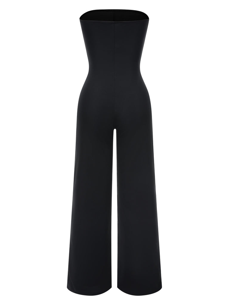 Schwarz 1960er Trägerlos Kontrast Wickel Jumpsuit