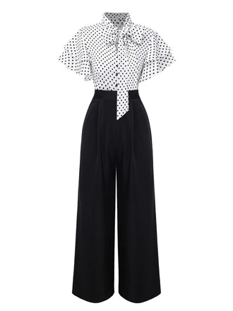 Schwarz 1930er Polka Dots Krawattenhals Jumpsuit