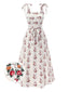 [Vorverkauf] Weiß 1940er Träger Gesmokt Boho Blumen Kleid