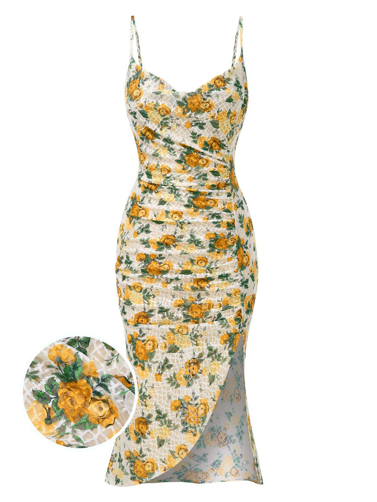 Gelb 1930er Roses Wasserfallausschnitt Fischschwanz Gerüschtes Kleid