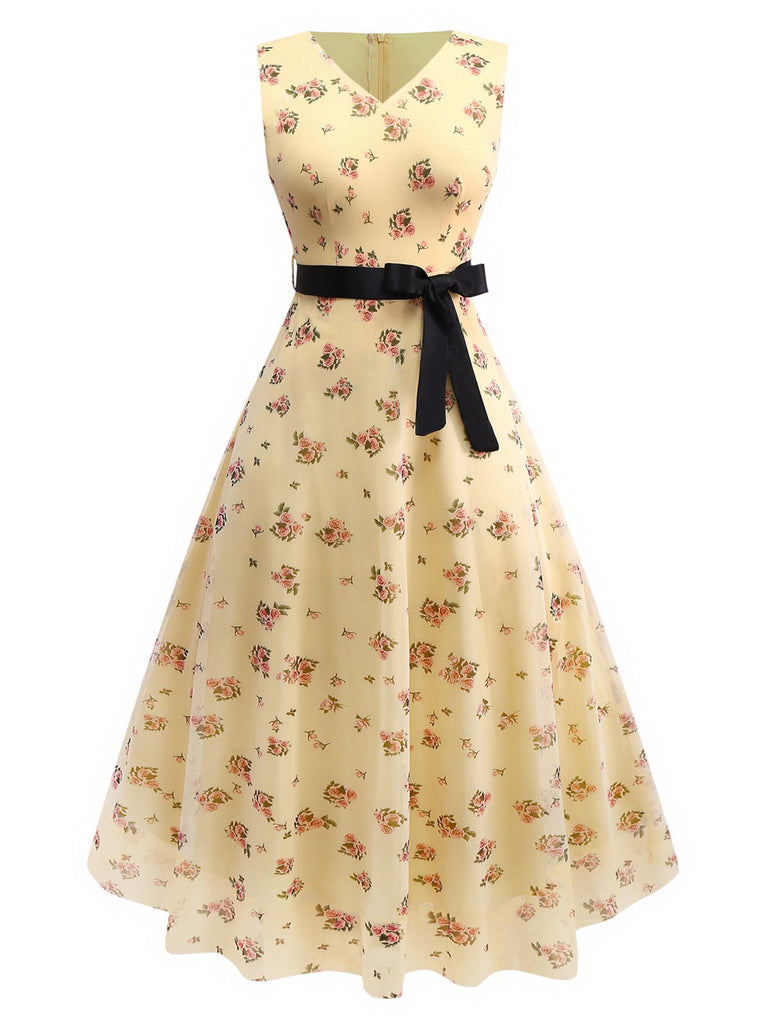 Gelb 1930er Kleine Blumen Netz Ärmellos Schleife Kleid