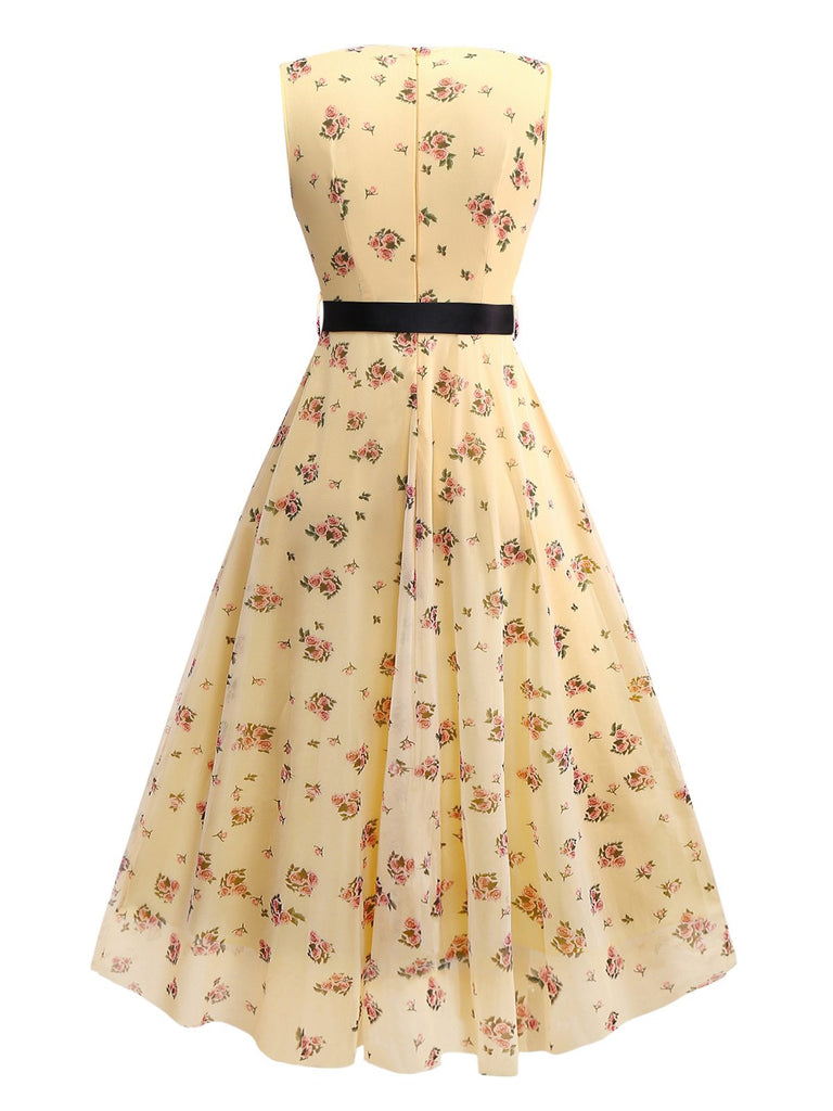 Gelb 1930er Kleine Blumen Netz Ärmellos Schleife Kleid