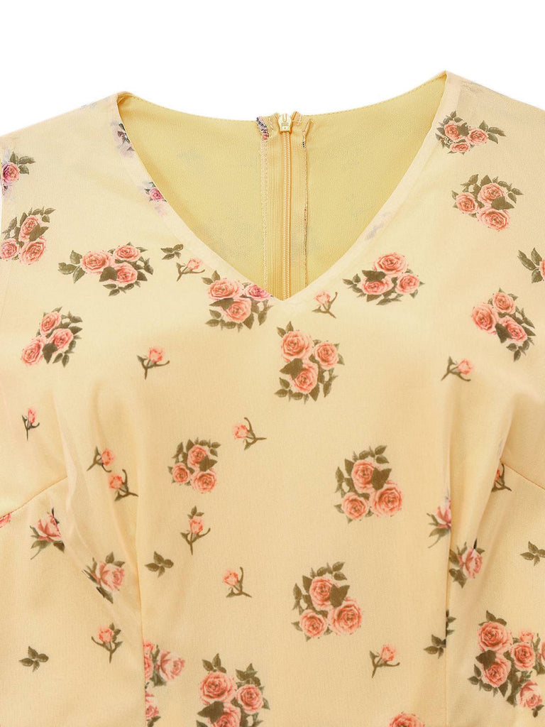 Gelb 1930er Kleine Blumen Netz Ärmellos Schleife Kleid