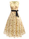 Gelb 1930er Kleine Blumen Netz Ärmellos Schleife Kleid