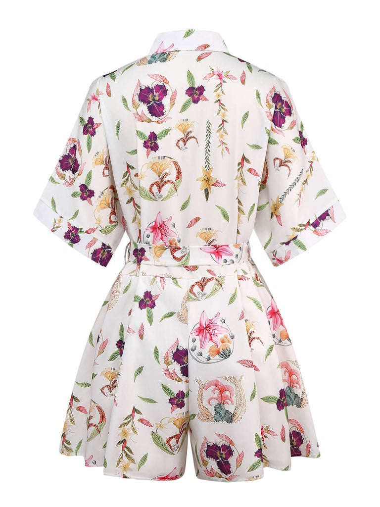 Multicolor 1950er Blumen Revers Fledermausärmel Romper