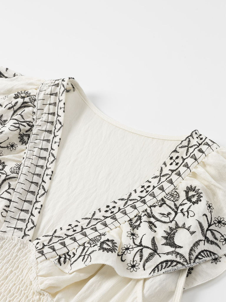 Weiß 1970er V-Ausschnitt Blumen Boho Rüschen Kleid