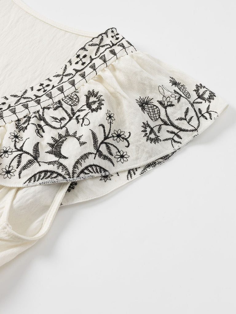 Weiß 1970er V-Ausschnitt Blumen Boho Rüschen Kleid