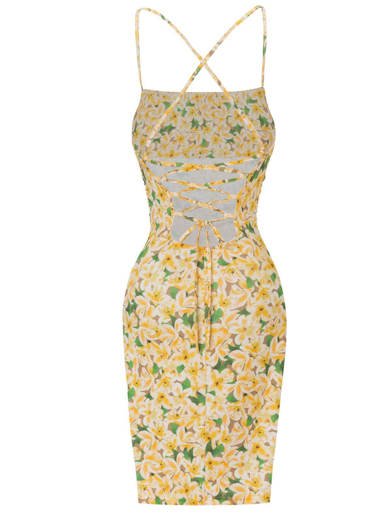 Gelb 1960er Zurück Schnürung Gerüscht Blumen Kleid