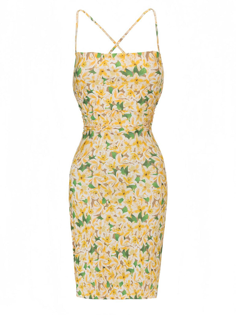 Gelb 1960er Zurück Schnürung Gerüscht Blumen Kleid