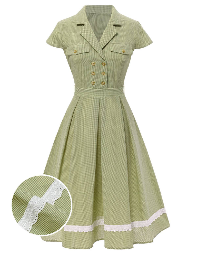 Grün 1940er Spitze Stitching Gingham Plaid Baumwolle Kleid