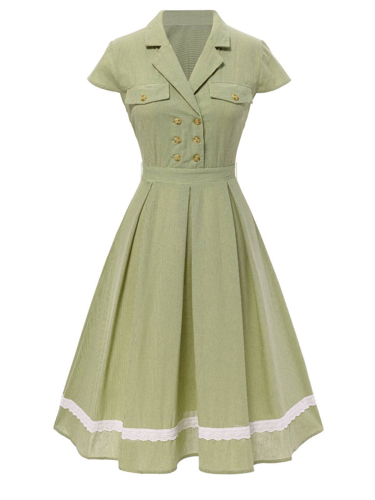 Grün 1940er Spitze Stitching Gingham Plaid Baumwolle Kleid