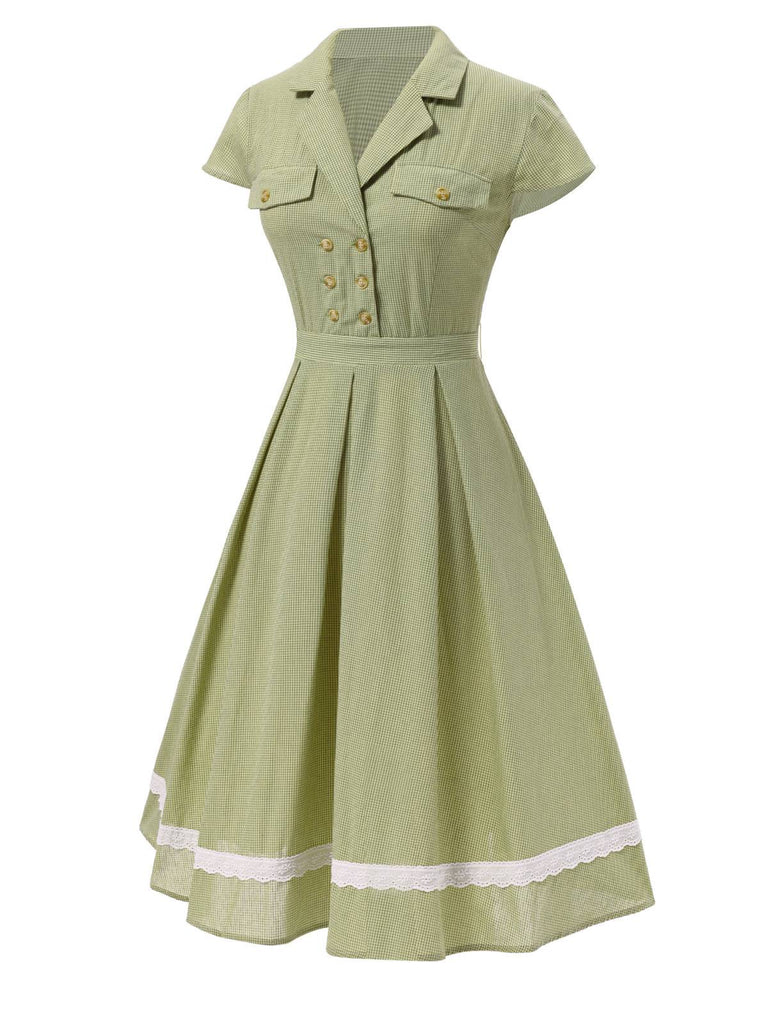 Grün 1940er Spitze Stitching Gingham Plaid Baumwolle Kleid