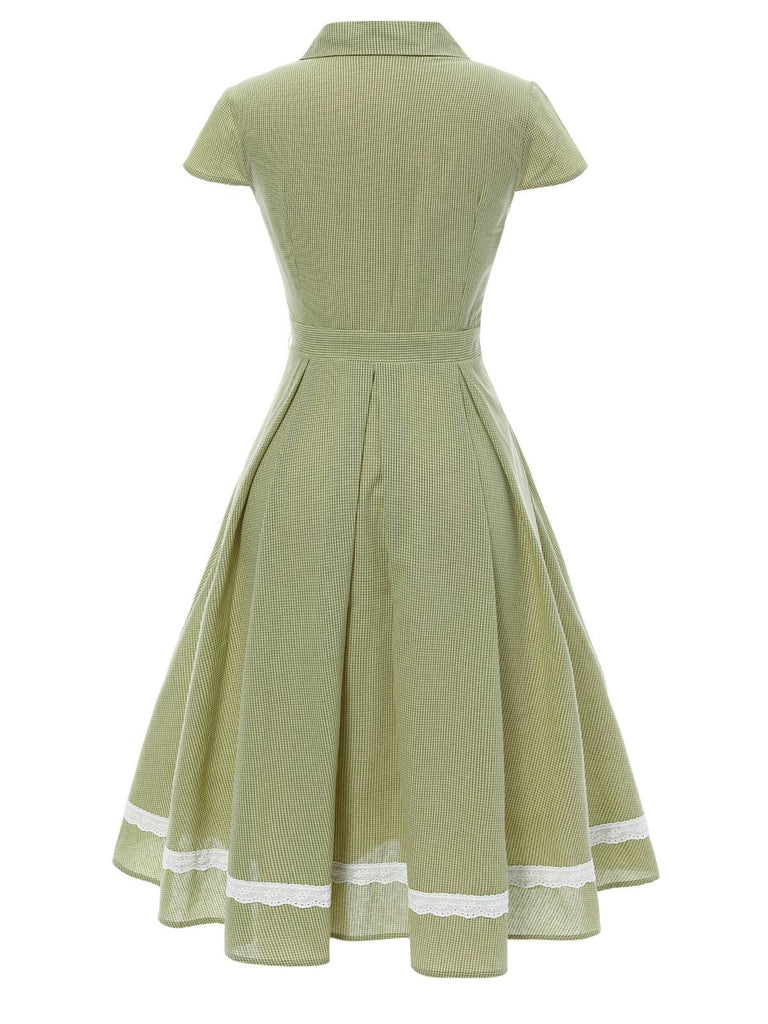 Grün 1940er Spitze Stitching Gingham Plaid Baumwolle Kleid