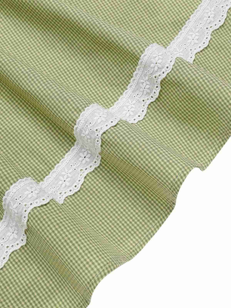 Grün 1940er Spitze Stitching Gingham Plaid Baumwolle Kleid