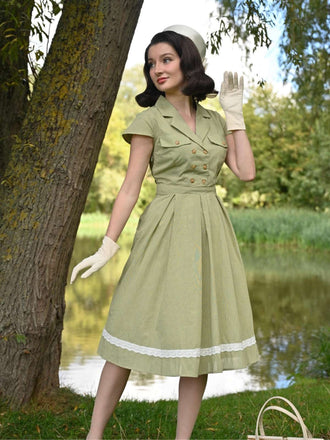 Grün 1940er Spitze Stitching Gingham Plaid Baumwolle Kleid
