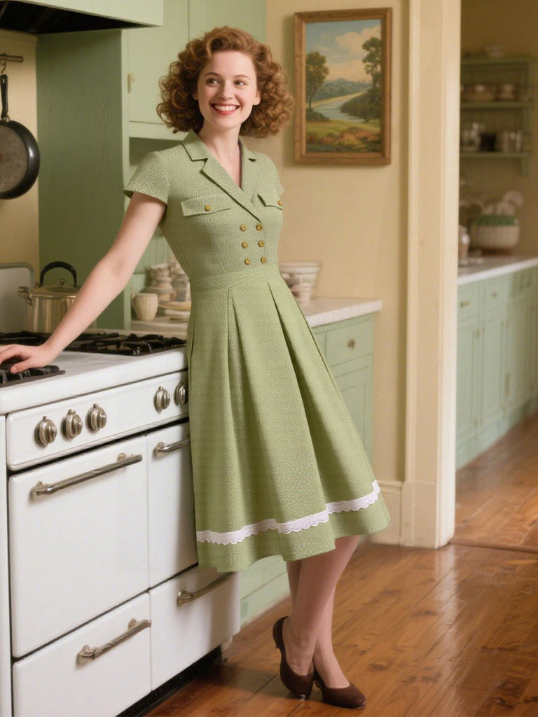 Grün 1940er Spitze Stitching Gingham Plaid Baumwolle Kleid