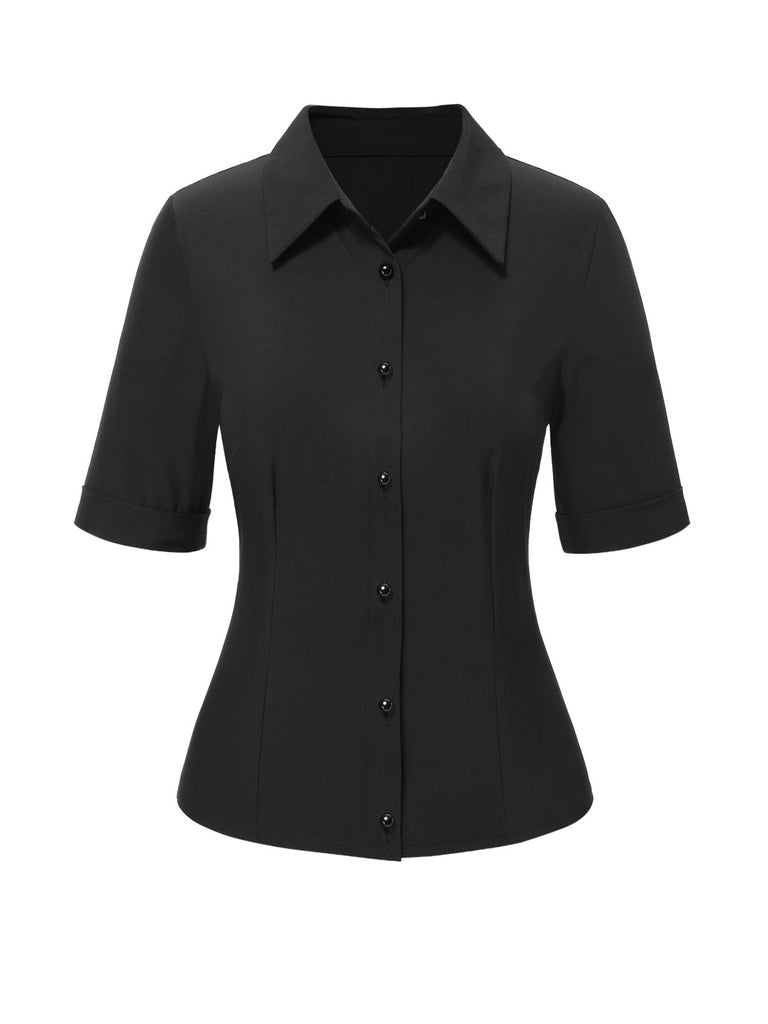 [Vorverkauf] 2PCS 1950er Schwarz Bluse & Grau Pin Check Halftergurt Rock