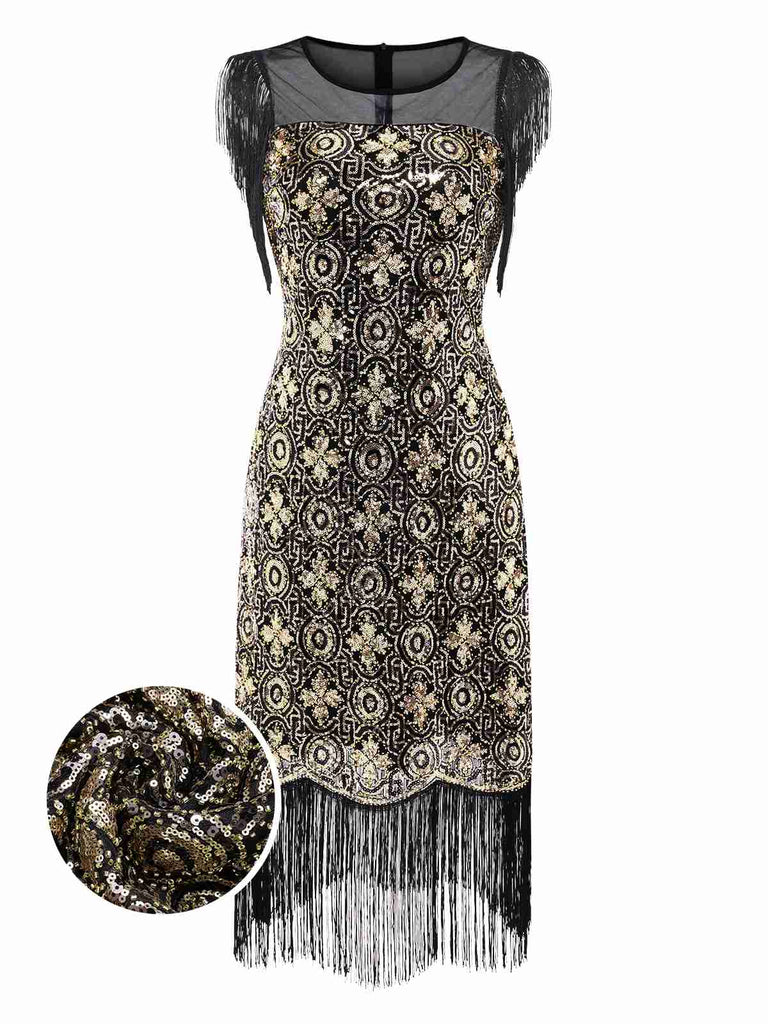 [Vorverkauf] Schwarz & Gold 1920er Netz Pailletten Blumen Fringe Kleid