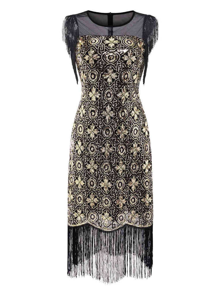 [Vorverkauf] Schwarz & Gold 1920er Netz Pailletten Blumen Fringe Kleid