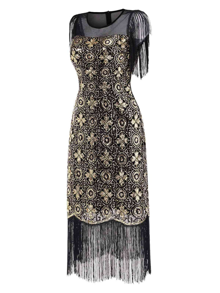 [Vorverkauf] Schwarz & Gold 1920er Netz Pailletten Blumen Fringe Kleid