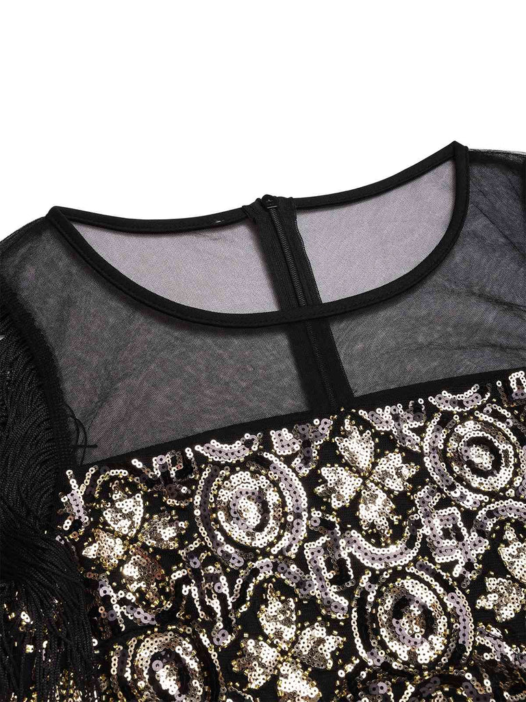 [Vorverkauf] Schwarz & Gold 1920er Netz Pailletten Blumen Fringe Kleid