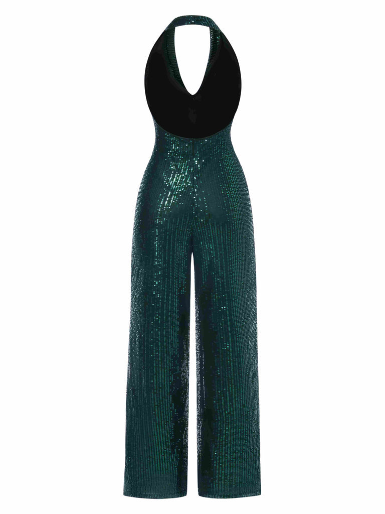 1930er Solide Wasserfallausschnitt Halfter Pailletten Jumpsuit