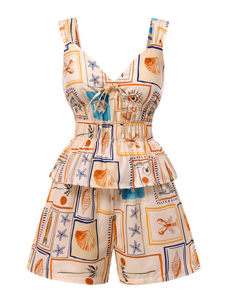 2PCS Multicolor 1940er Marine Life Top & Shorts