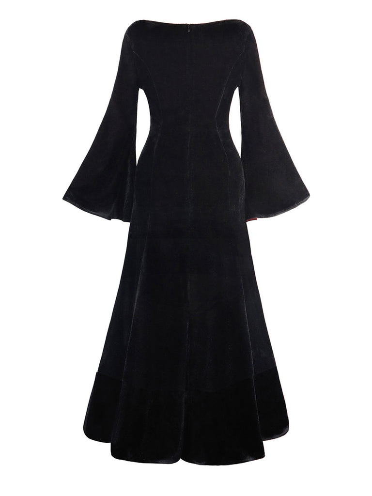 1930er Morticia Addams Samt Glockenärmel Kleid