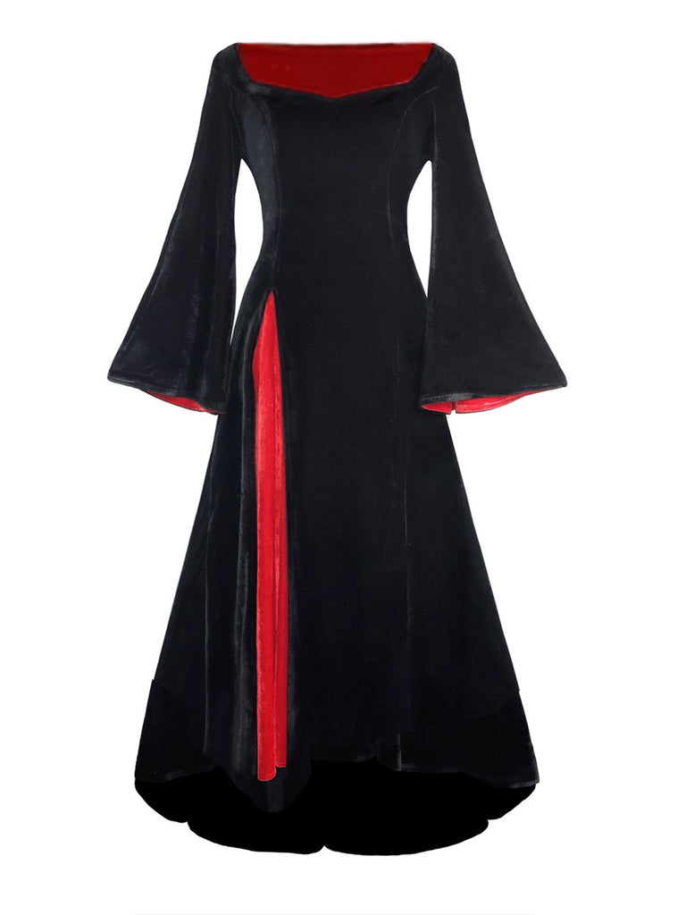 1930er Morticia Addams Samt Glockenärmel Kleid