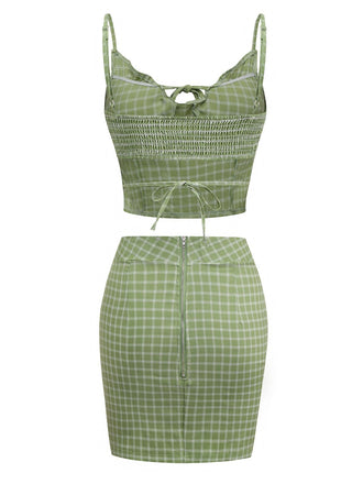 2PCS Grün 1960er Plaid Leibchen & Figurbetont Rock