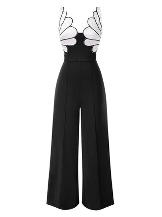 1930er Blumen Patchwork V-Ausschnitt Träger Jumpsuit