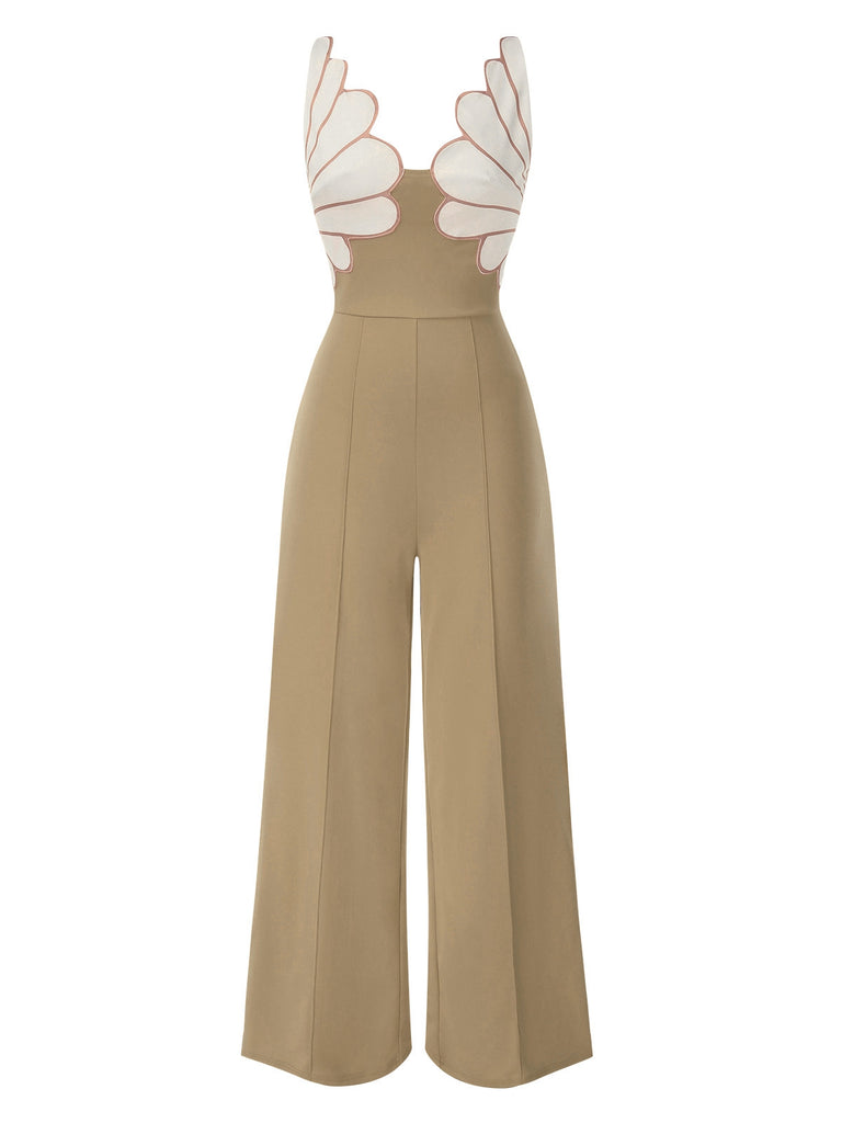 1930er Blumen Patchwork V-Ausschnitt Träger Jumpsuit