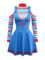 2PCS Blau 1960er Halloween Chucky Kostüm Streifen Top & Breite Träger Kleid