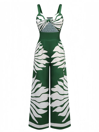 1930er Breite Träger Hohl Twist Gesmokt Blumen Jumpsuit