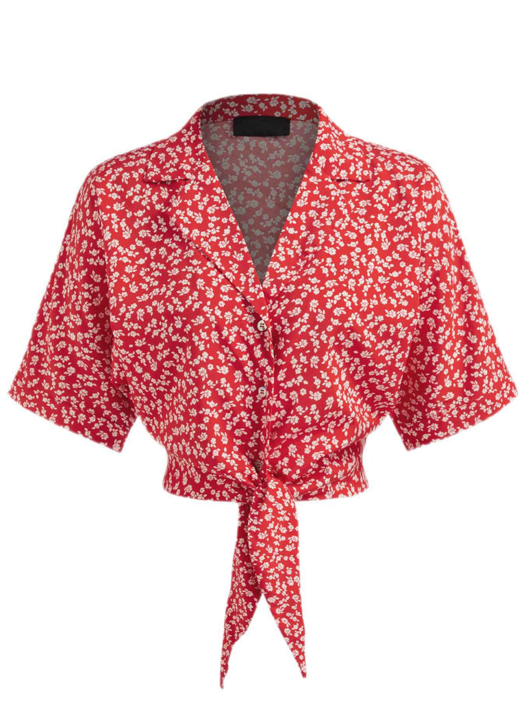 Rot 1950er Kleine Blumen Revers Bogen Top